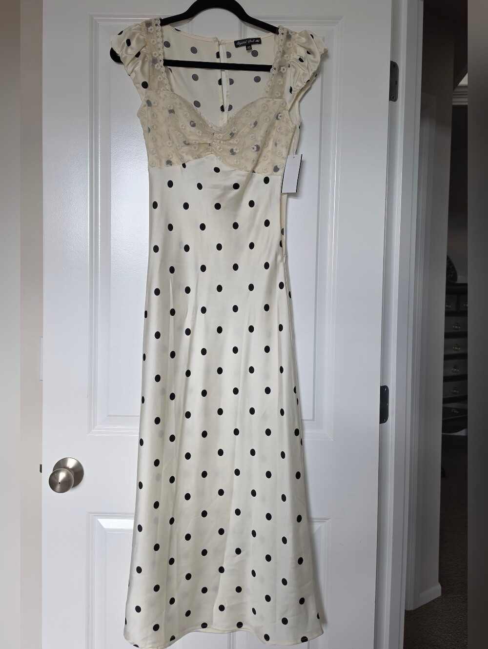 Ivory Polka Dot Maxi Dress with Lace Bodice. Crystal Doll. XS
